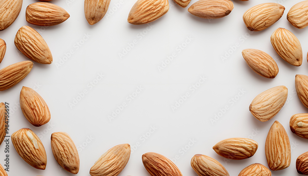 Frame made of organic almond nuts on white background. Space for text Frame made of organic almond nuts on white background. Space for text