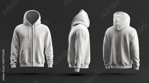 Blank hooded sweatshirt mockup with a zipper A 3D rendering of a hoodie displayed from the front side and back views perfect for showcasing designs