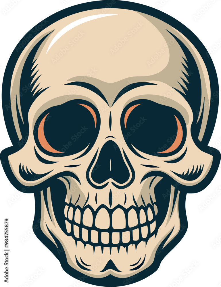 Fototapeta premium A detailed skull featuring bright red eyes, prominently displayed on a clean white background for dramatic effect