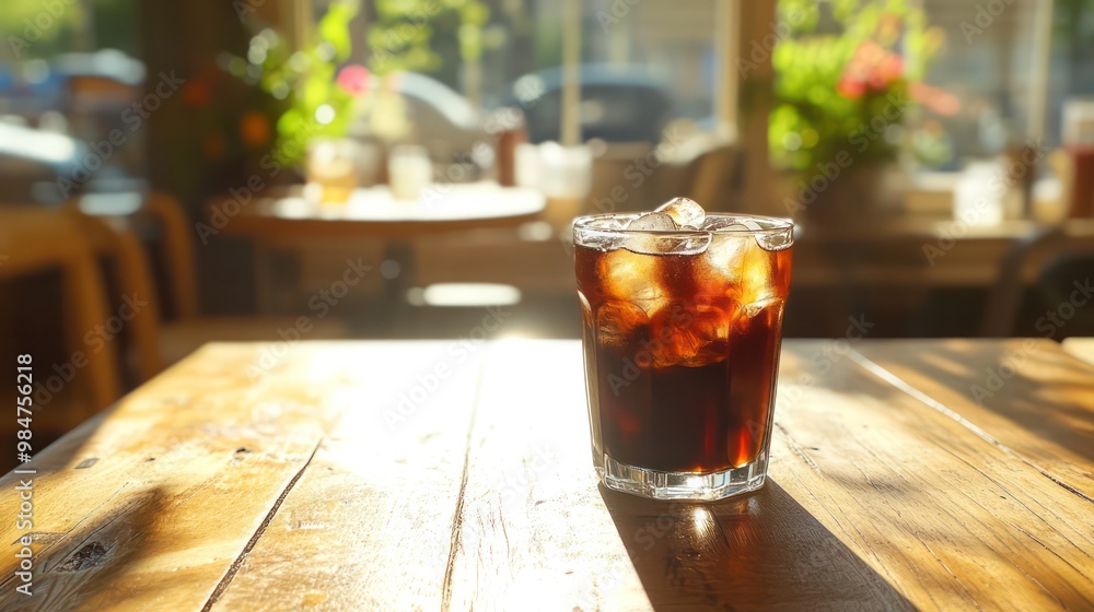 Iced coffee on a wooden table, with sunlight streaming through a nearby window, creating a warm and inviting atmosphere. Iced coffee on a wooden table, with sunlight streaming through a nearby window, creating a warm and inviting atmosphere.