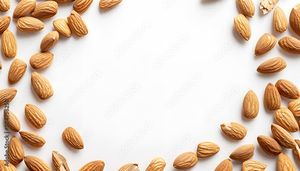 Obraz premium Frame made of organic almond nuts on white background. Space for text