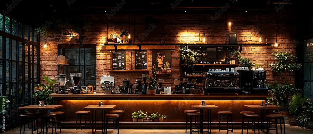 Modern industrial cafe interior with exposed brick walls, wood accents, and greenery. Modern industrial cafe interior with exposed brick walls, wood accents, and greenery.