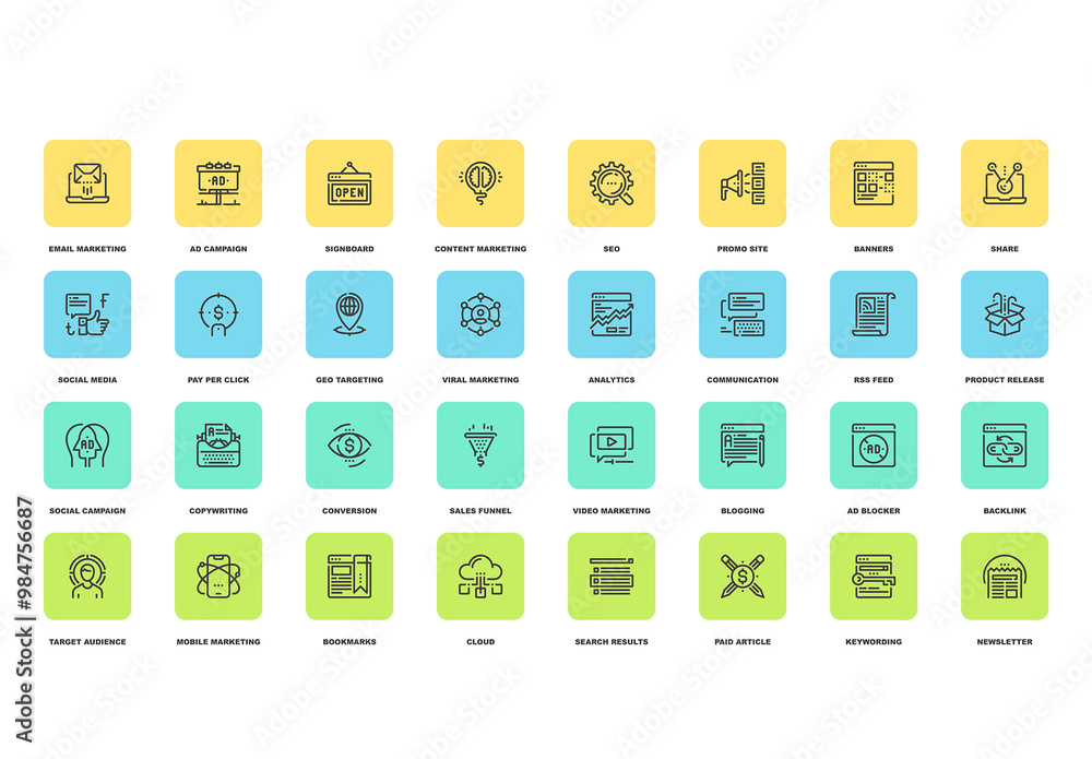 Vector set of digital marketing flat line web icons. Each icon with ...