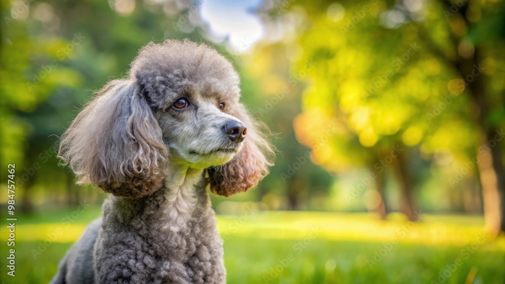 Curious gray poodle looking around in a park Curious gray poodle looking around in a park