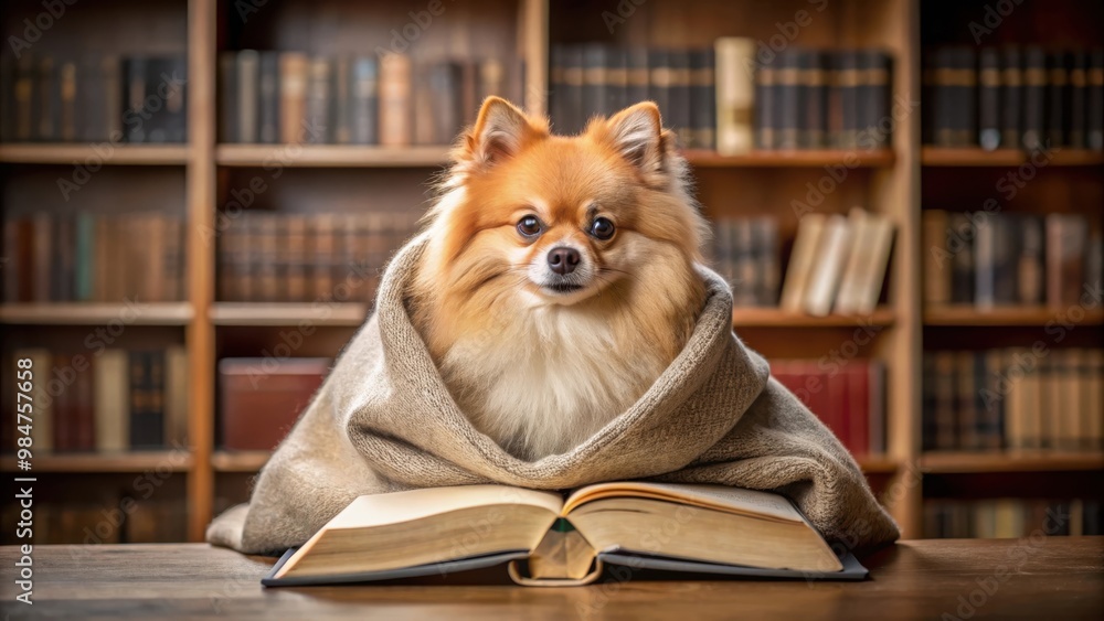 Clever pomeranian dog wrapped in a blanket, reading a book in a cozy library setting Clever pomeranian dog wrapped in a blanket, reading a book in a cozy library setting