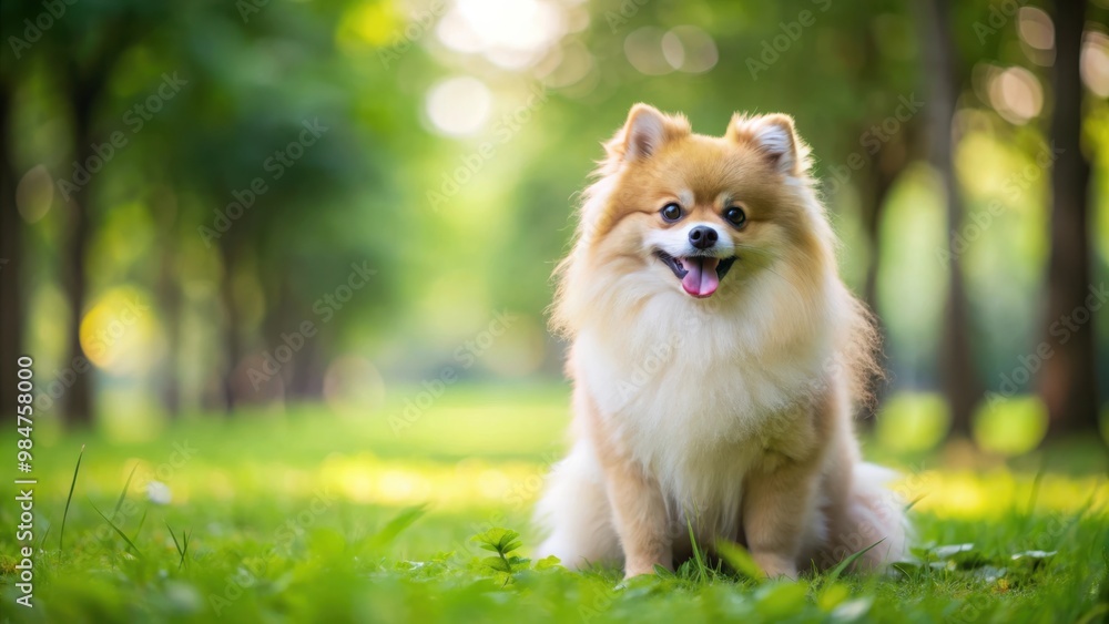 Adorable pomeranian dog peeing in the park with a cute expression Adorable pomeranian dog peeing in the park with a cute expression