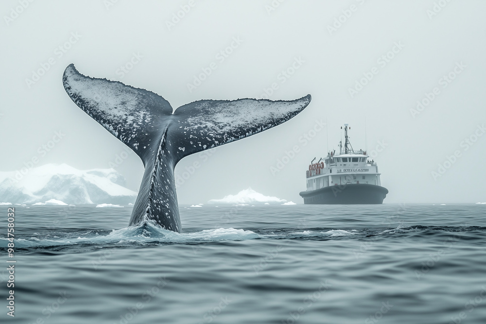 Fototapeta premium Blue whale jumping out of water near the fisherman boat, Selective focus whale in the ocean, Cruise tour with sea creature.