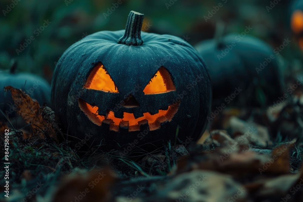 A Glowing Jack-O'-Lantern Amidst Fallen Leaves A Glowing Jack-O'-Lantern Amidst Fallen Leaves