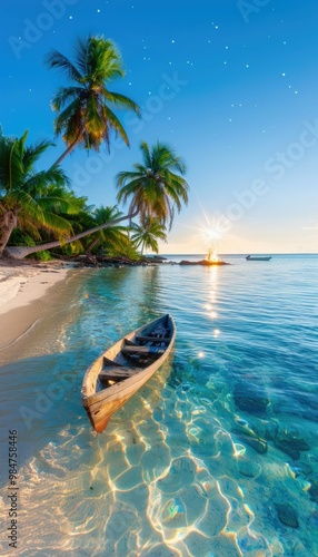 Serene sunrise over a tropical beach with palm trees and a wooden boat near the calm water