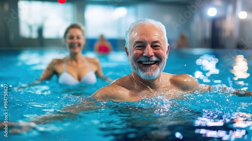 A smiling two man splash happily in a blue pool on a summer day seniors doing water exercises, Group of elder women at aqua gym session, joyful group of friends having aqua class in swimming