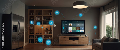 illustrate the concept of the Internet of Things with an image of a smart home, featuring various connected devices and appliances, shot from a low angle with a wide-angle lens