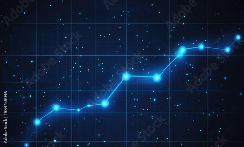 Abstract blue line graph with glowing dots on dark grid background showing positive growth, innovation, success, or progress.