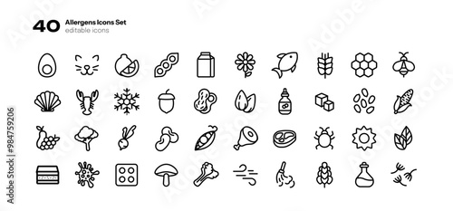 40 Icons Allergens Set Minimal Line Vector 