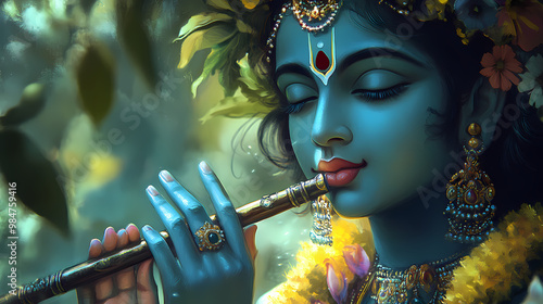 Closeup portrait of krishna hindu deity god playing flute in serene traditional setting new beautiful stock image illustration ai. Hindu Deities. Illustration photo