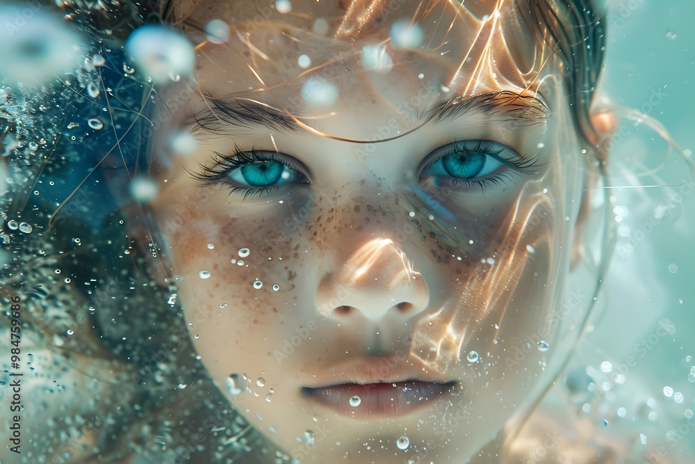 Captivating Underwater Portrait of a Young Girl with Stunning Blue Eyes Captivating Underwater Portrait of a Young Girl with Stunning Blue Eyes