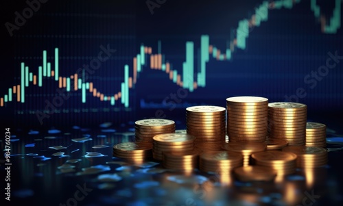 Golden coins stacked on a table with a stock chart in the background.