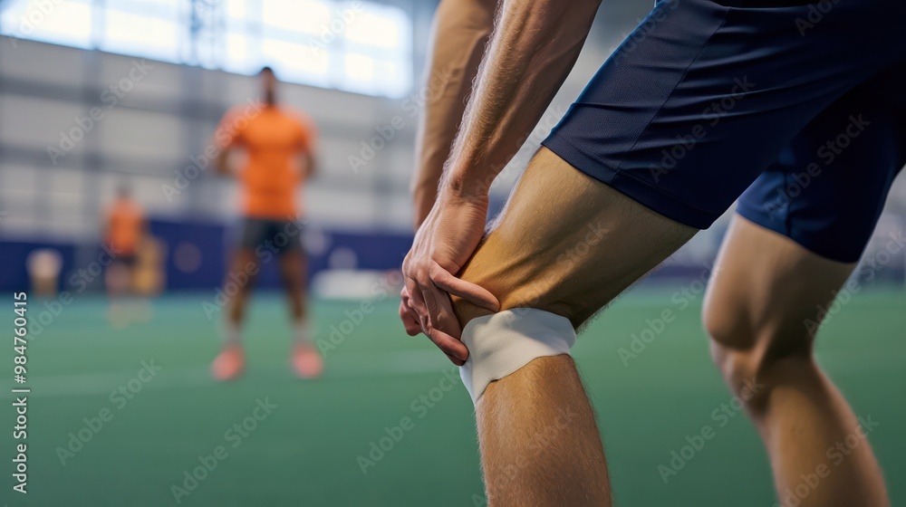 Knee pain in athletes, showing a sports player receiving treatment for knee pain during a game or training Knee pain in athletes, showing a sports player receiving treatment for knee pain during a game or training