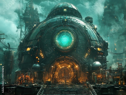 Steampunk Cityscape: A Glowing Gateway to a Mysterious Future