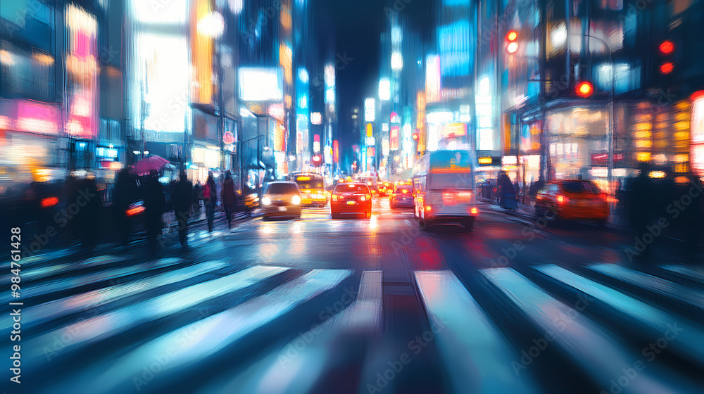 Fototapeta premium Blurry night city street. Busy Crosswalk. Illustration