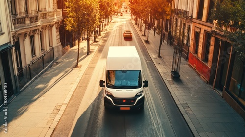 Last-mile logistics services, showing delivery vans navigating through tight city streets to reach the final destination photo