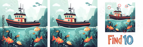 Underwater world, boat, ocean, seaweed and fish. Child educational task. Teaching attentiveness. Find 10 differences, flat illustration.