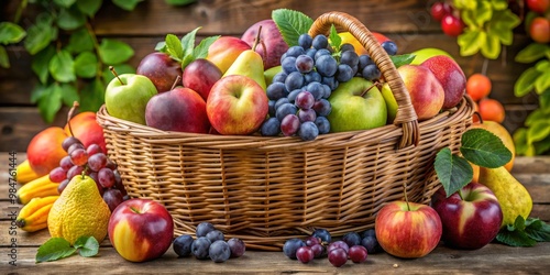 Abundant Harvest Vibrant Fruits Overflowing from Wicker Basket on Rustic Wooden Surface with Lush Greenery Background - Fresh and Colorful Still Life for Food Enthusiasts and