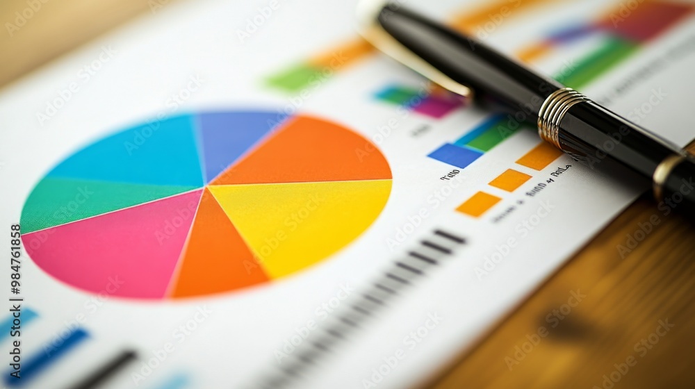 A vibrant pie chart on a printed financial report, with highlighted segments showing different financial metrics, placed on a wooden desk with a pen. A vibrant pie chart on a printed financial report, with highlighted segments showing different financial metrics, placed on a wooden desk with a pen.