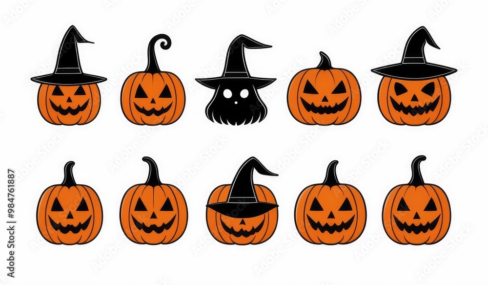 Classic Halloween Icons: A set of simple, flat icons featuring classic Halloween symbols like a pumpkin, ghost, bat, witch hat, black cat, and spider. Each icon has bold, clean lines with a limited co Classic Halloween Icons: A set of simple, flat icons featuring classic Halloween symbols like a pumpkin, ghost, bat, witch hat, black cat, and spider. Each icon has bold, clean lines with a limited co