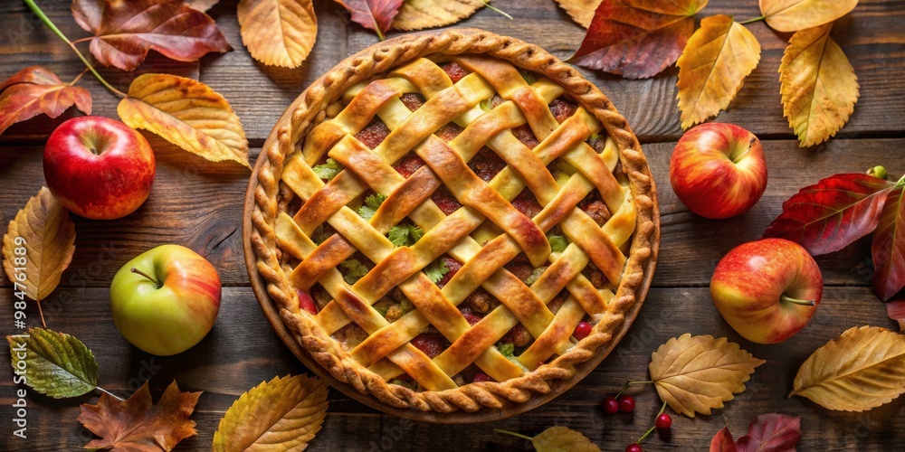 Autumn Bliss Close-Up of Luscious Apple Pie with Golden Crust, Surrounded by Vibrant Leaves on Rustic Table - Festive Baking Concept Autumn Bliss Close-Up of Luscious Apple Pie with Golden Crust, Surrounded by Vibrant Leaves on Rustic Table - Festive Baking Concept