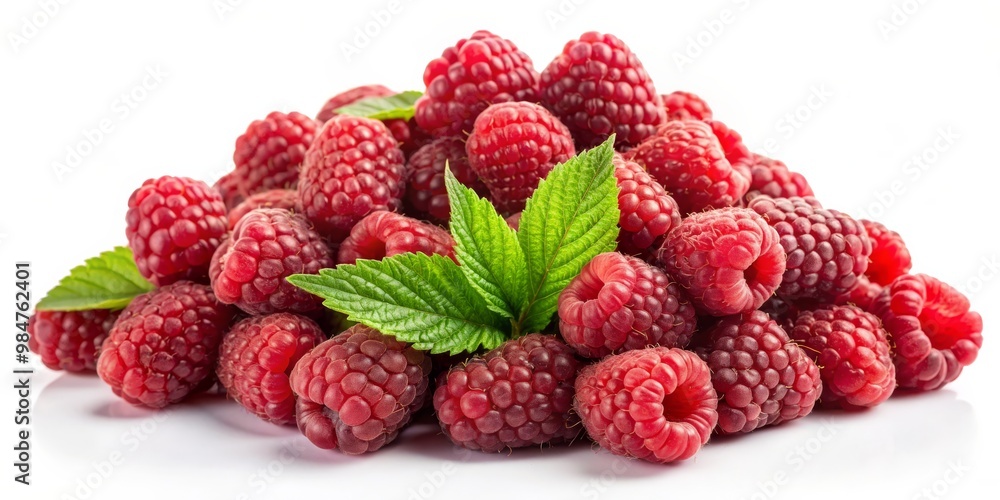 Bountiful Harvest Vibrant Red Raspberries Close-Up on White Background, Fresh Green Leaves, Organic Heap, Juicy Berries - Freshness and Natural Sweetness Concept Bountiful Harvest Vibrant Red Raspberries Close-Up on White Background, Fresh Green Leaves, Organic Heap, Juicy Berries - Freshness and Natural Sweetness Concept