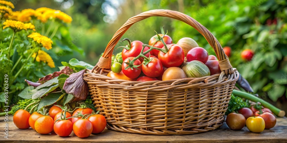 Bountiful Harvest Vibrant Tomatoes in Wicker Basket on Wooden Surface Surrounded by Lush Garden - Fresh, Organic Farm to Table Concept Bountiful Harvest Vibrant Tomatoes in Wicker Basket on Wooden Surface Surrounded by Lush Garden - Fresh, Organic Farm to Table Concept