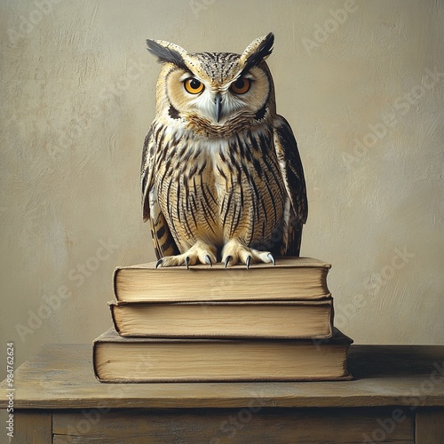 Wallpaper Mural An owl, the symbol of pedagogy, perched atop a stack of books, representing knowledge and education, perfect for academic or educational themes Torontodigital.ca