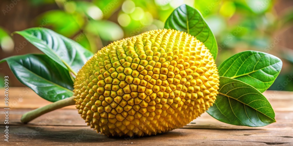 Close-up of a Ripe Jackfruit with Green Leaves on a Wooden Surface, jackfruit, tropical fruit Close-up of a Ripe Jackfruit with Green Leaves on a Wooden Surface, jackfruit, tropical fruit