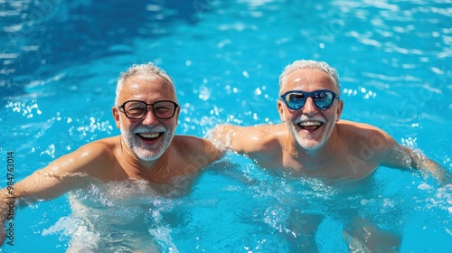 A smiling two man splash happily in a blue pool on a summer day seniors doing water exercises, Group of elder women at aqua gym session, joyful group of friends having aqua class in swimming