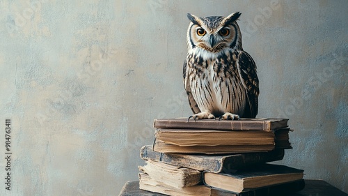 Wallpaper Mural An owl, the symbol of pedagogy, perched atop a stack of books, representing knowledge and education, perfect for academic or educational themes Torontodigital.ca