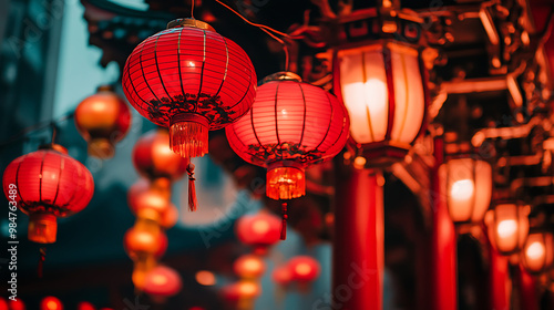 Close-up of red lanterns and decorative banners hanging in front of a traditional Chinese building, symbolizing luck and prosperity.  photo