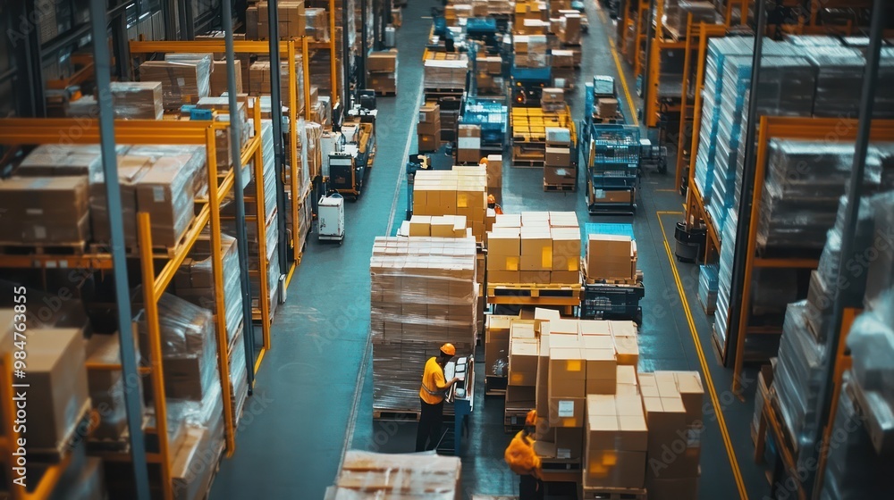 Logistics management at a bustling warehouse, with workers coordinating shipments using advanced tracking systems Logistics management at a bustling warehouse, with workers coordinating shipments using advanced tracking systems
