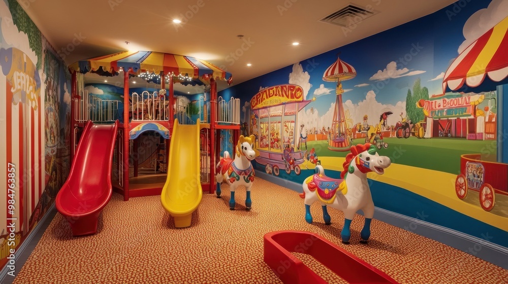 Fototapeta premium Indoor Playground with Carousel Horses and Colorful Mural