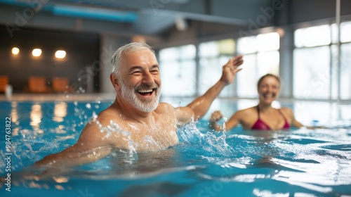 A smiling two man splash happily in a blue pool on a summer day seniors doing water exercises, Group of elder women at aqua gym session, joyful group of friends having aqua class in swimming