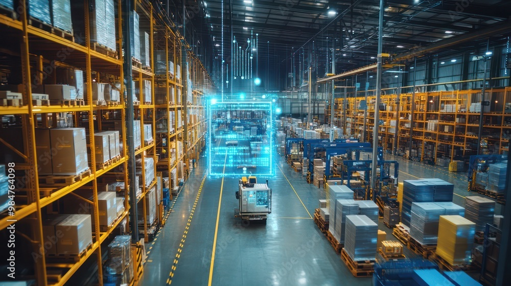 Logistics management at a bustling warehouse, with workers coordinating shipments using advanced tracking systems Logistics management at a bustling warehouse, with workers coordinating shipments using advanced tracking systems