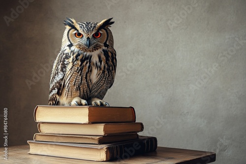 Wallpaper Mural An owl, the symbol of pedagogy, perched atop a stack of books, representing knowledge and education, perfect for academic or educational themes Torontodigital.ca