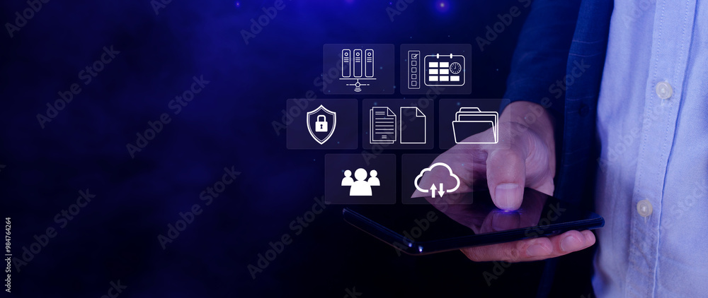 Fototapeta premium Document Management System DMS for document management concept online document database digital file storage systems software, Record keeping database technology File access Sharing documents