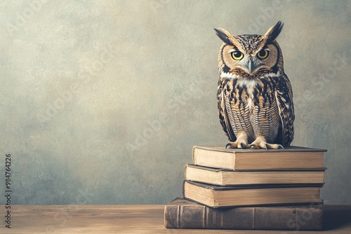 Wallpaper Mural An owl, the symbol of pedagogy, perched atop a stack of books, representing knowledge and education, perfect for academic or educational themes Torontodigital.ca