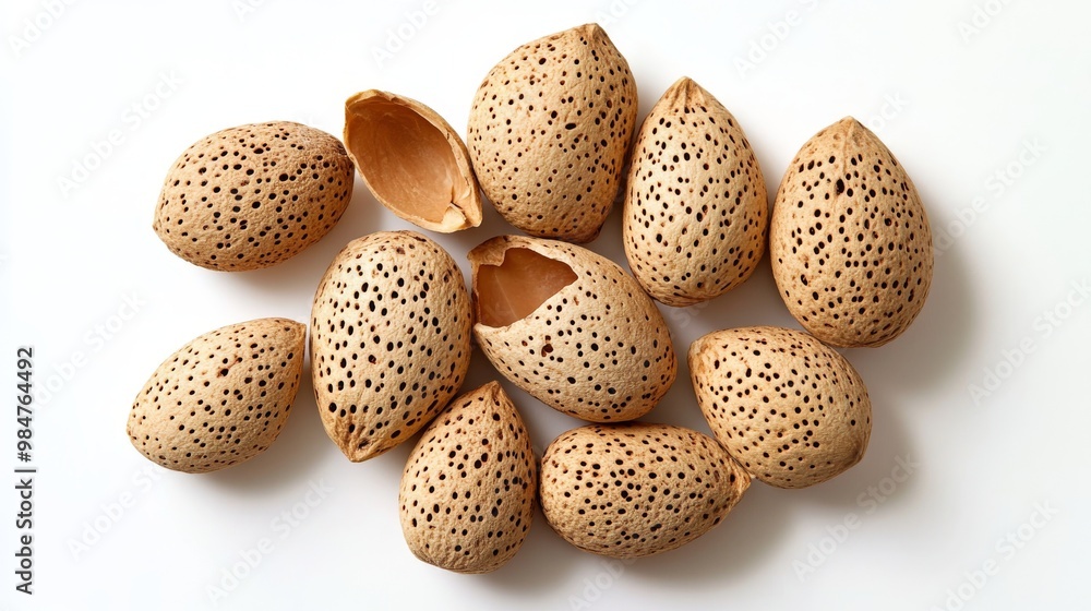 A bunch of almond nuts with shells are on a white surface, seen from above. You can easily cut them out of the image. A bunch of almond nuts with shells are on a white surface, seen from above. You can easily cut them out of the image.