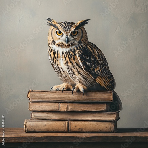 Wallpaper Mural An owl, the symbol of pedagogy, perched atop a stack of books, representing knowledge and education, perfect for academic or educational themes Torontodigital.ca