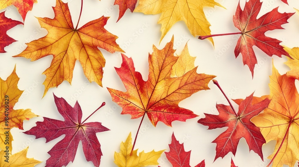 Close-up of a pattern featuring bright fall maple leaves in shades of yellow, red, and orange against a neutral cream background