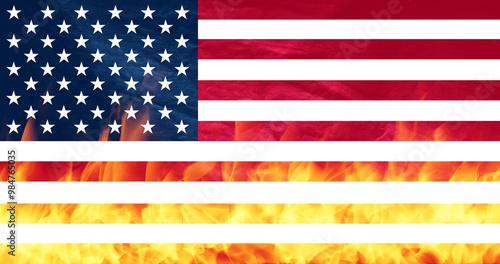 US United States of America national flags on Fire, Conflict between countries, deterioration of diplomatic relations. Confliction and crisis concept. photo