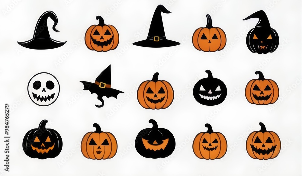 Halloween icons a pumpkin, ghost, bat, witch hat, black cat, and spider Halloween icons a pumpkin, ghost, bat, witch hat, black cat, and spider
