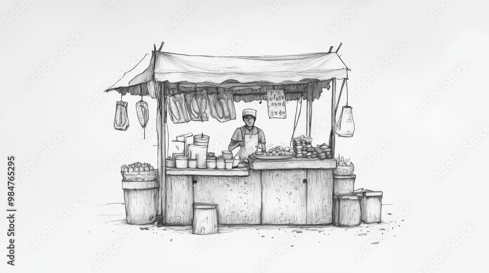 A simple drawing of a street food vendor's stand. A simple drawing of a street food vendor's stand.