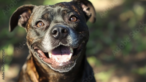 Close-up of a smiling dog with a joyful tail wag, enjoying a sunny day outdoors